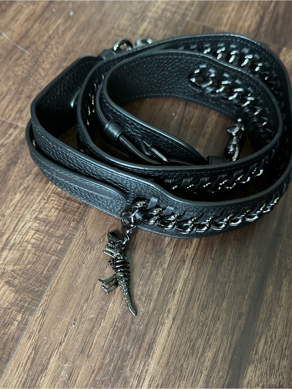 COACH Black Leather Chain Crossbody Strap with Dinosaur Charm